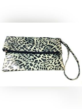 H&M Gray Leopard Print Fold Over Clutch/Purse with a Glossy Finish